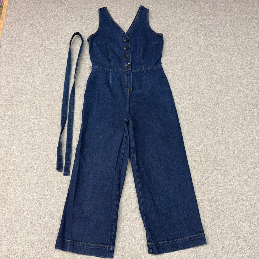 Universal Thread Denim Jumpsuit 6 Blue Button Front Wide Leg Sleeveless Belted